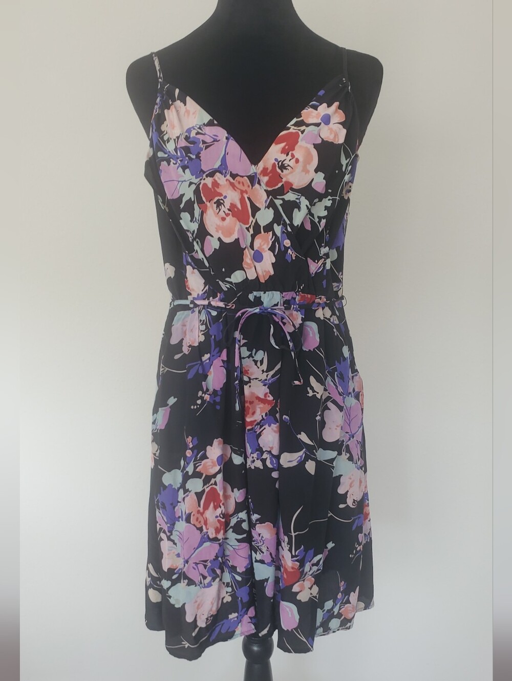 Yumi Kim Black Floral Spaghetti-Strap Mini Dress